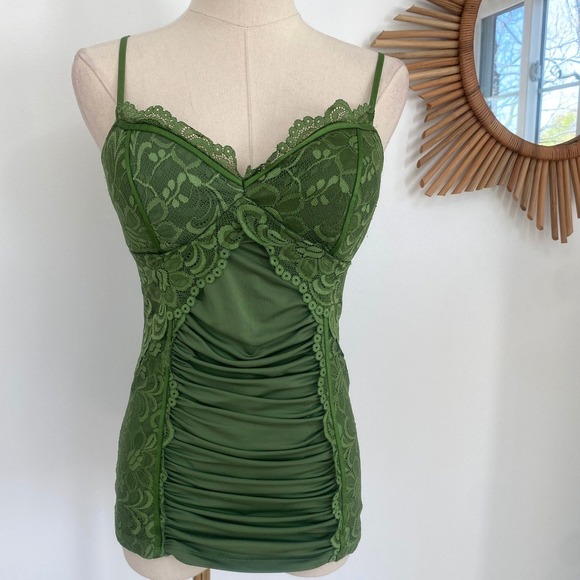 XOXO Tops - Vintage Y2K XOXO Green Lace Satin Bustier Cami Tank Top M McBling Indie Sleeze